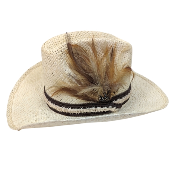 Biltmore Western Cowboy Hat Straw Feather Leather Band 7 1/8 57 cm Ivory Brown - Picture 1 of 13